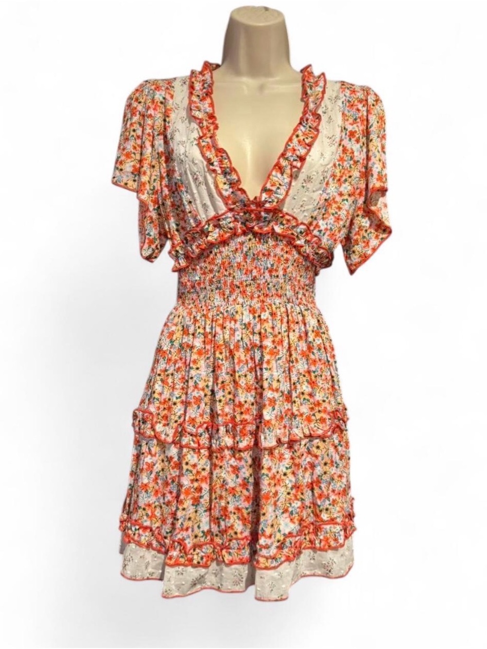 POL Floral Open Back Boho Mini Dress Ruffle Tiered Cottagecore Small Open Back - Picture 2 of 10